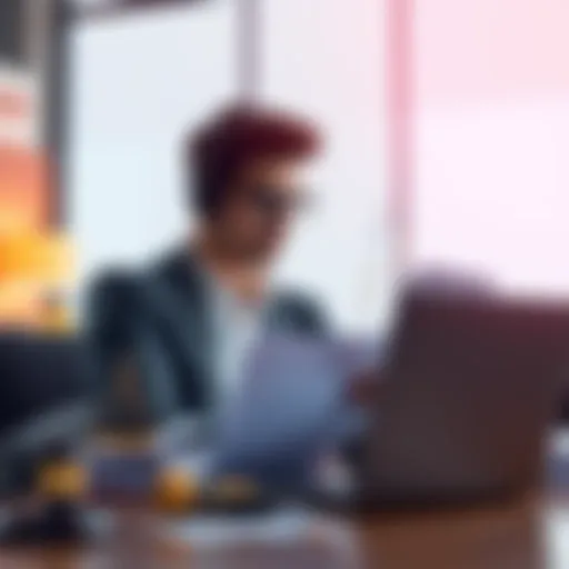 A person looking for legal assistance with documents and a laptop, representing the search for a lawyer regarding fund issues with Changelly.