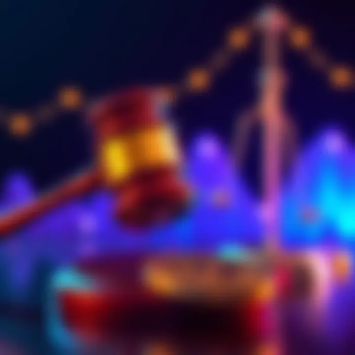 A gavel and blockchain symbols representing legal challenges for Secondfi after recent hacks
