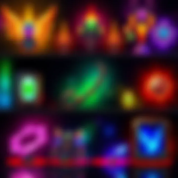 Various legendary gaming items displayed with glowing effects, showcasing their rarity and significance in the gaming world.