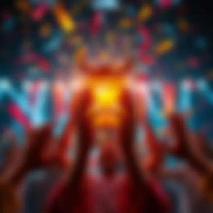 A joyous celebration of acquiring a legendary item, showcasing the moment of triumph with confetti and smiles.