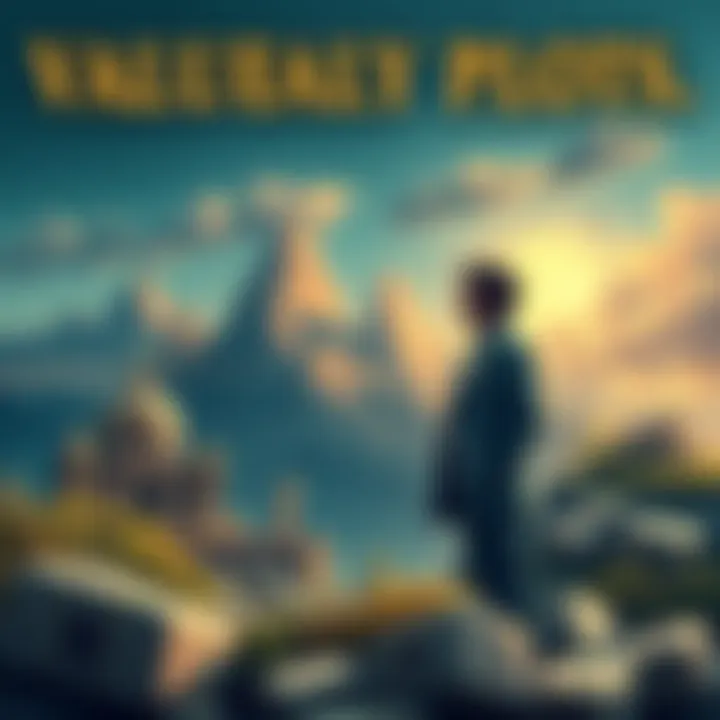 An illustration depicting iconic plots of land represented as ancient treasures with a modern buyer contemplating their value.