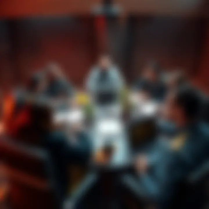 A group of Legion members discussing their ranks and challenges at a round table, with notebooks and laptops open, showcasing teamwork and support.