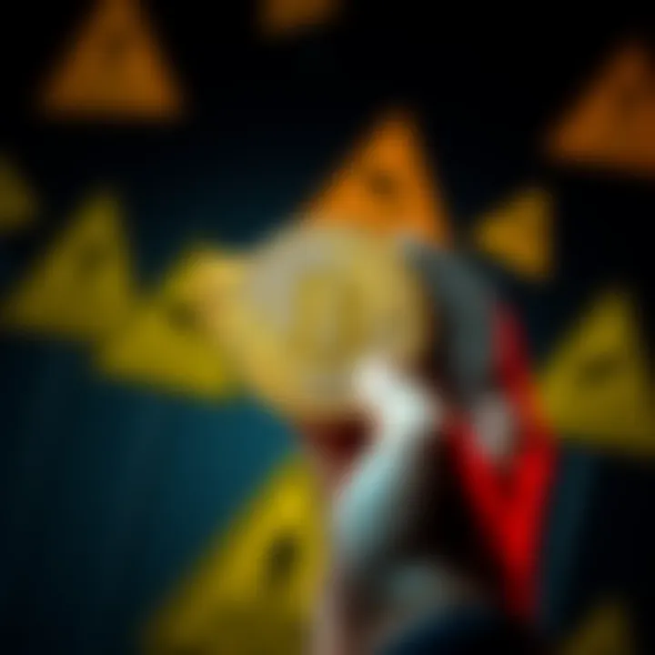 A person holding Bitcoin with caution signs in the background, representing the risks and rewards of lending cryptocurrency for income