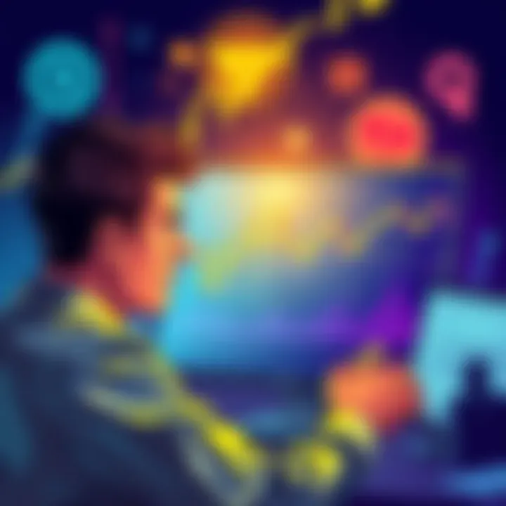 An illustration showing a person analyzing cryptocurrency charts and data on a screen, with symbols of emotions and risk management around them.
