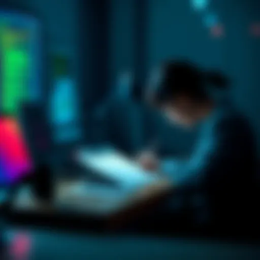A person writing a letter at a desk, reflecting on self-awareness and teamwork for a hackathon in 2036