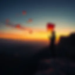 A person standing on a cliff, watching the sunset while releasing a paper lantern into the sky, symbolizing letting go and moving on.