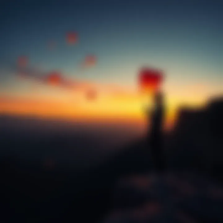 Letting Go of the Past A person standing on a cliff, watching the sunset while releasing a paper lantern into the sky, symbolizing letting go and moving on.