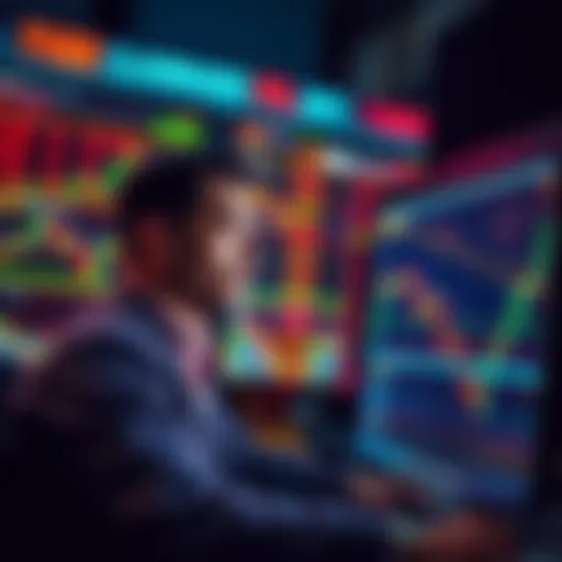 A trader looking worried while examining fluctuating stock charts on a computer screen, symbolizing the dangers of using leverage in trading.