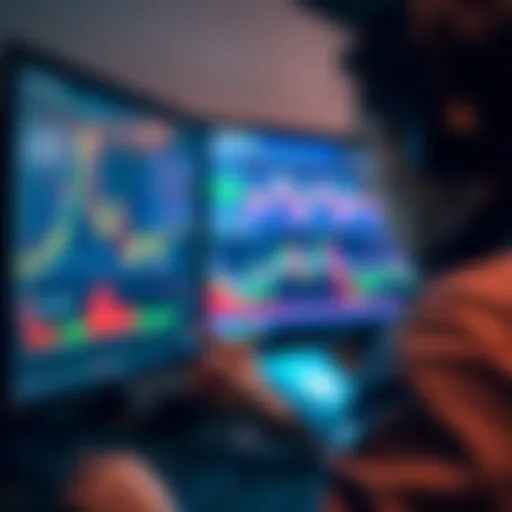 A trader looking at fluctuating graphs on a computer screen, showing potential ups and downs in 50x leverage trading.