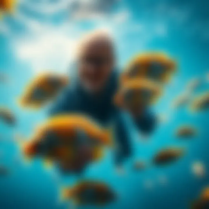 Lewis interacting with colorful fish in a clear, blue water setting