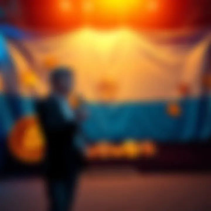 Libertarian leader debating crypto A Libertarian leader stands in front of a large banner featuring cryptocurrency symbols, questioning the value of US dollars in contrast to digital currencies. He appears engaged in a passionate debate about economic strategies for Argentina.