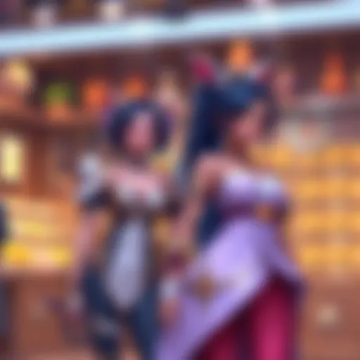 Licinia stands next to Arabella, representing a strategic choice for game players. The scene shows a vibrant shop background where radiant currency can be collected.