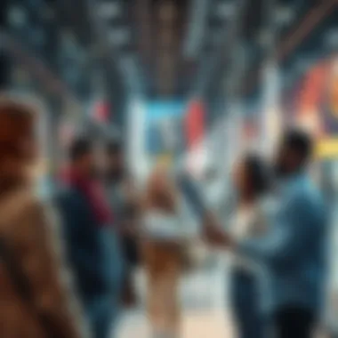 Life in 2025 A group of diverse people discussing in a modern city setting, reflecting on daily challenges and experiences in 2025.