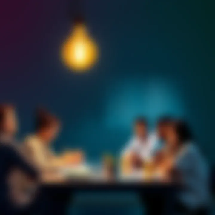 A light bulb above a group of people brainstorming innovative ideas around a table.