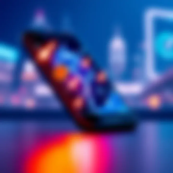 A smartphone displaying a Lightning Network app with symbols of transactions and connections.