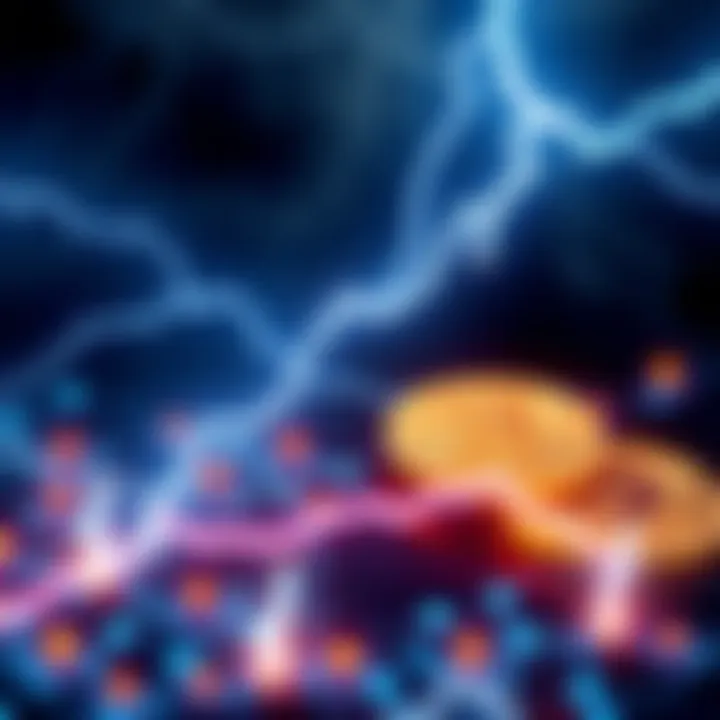 A graphic representing the Lightning Network with symbols of money flowing and lightning bolts, illustrating its $15 billion annual transactions.