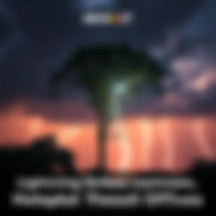 A tree struck by lightning with dark clouds above, showing the aftermath of the storm.