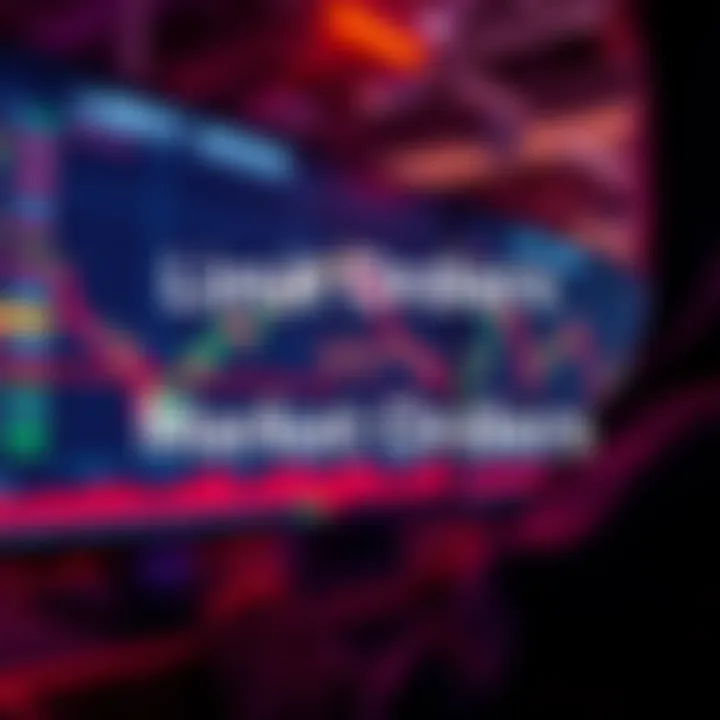 A beginner trader looking at a chart comparing limit orders and market orders, with clear buy and sell points marked.