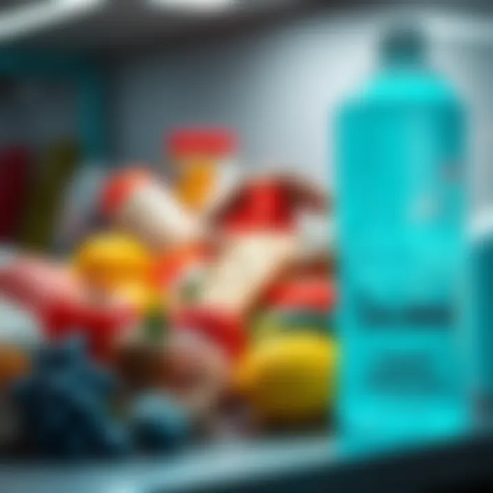 A clear container of liquid chlorine beside fresh food items in a sterile environment