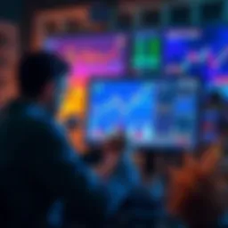 A person analyzing market trends on a computer while surrounded by charts and tokens, symbolizing strategies during bear markets