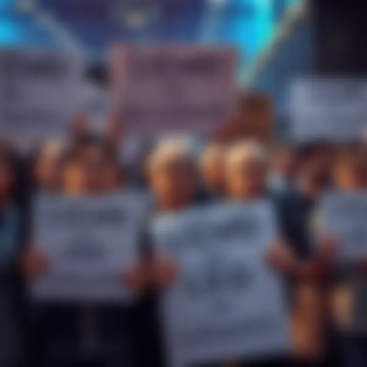 A group of angry investors holding signs demanding accountability from Liqwid's CEO, with expressions of frustration and concern in a public setting.