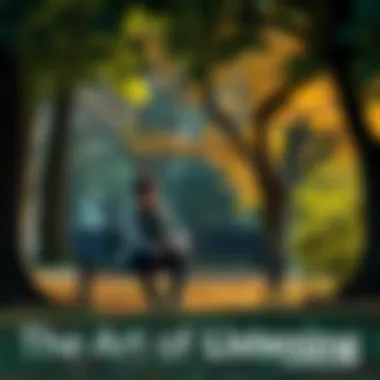 A person sitting on a park bench, intently listening to the sounds of birds and rustling leaves, surrounded by trees