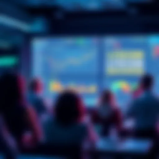 A group of people discussing Litecoin trading strategies with charts and graphs on a screen