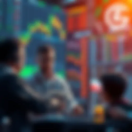 Traders discussing Litecoin markets with charts and graphs in the background