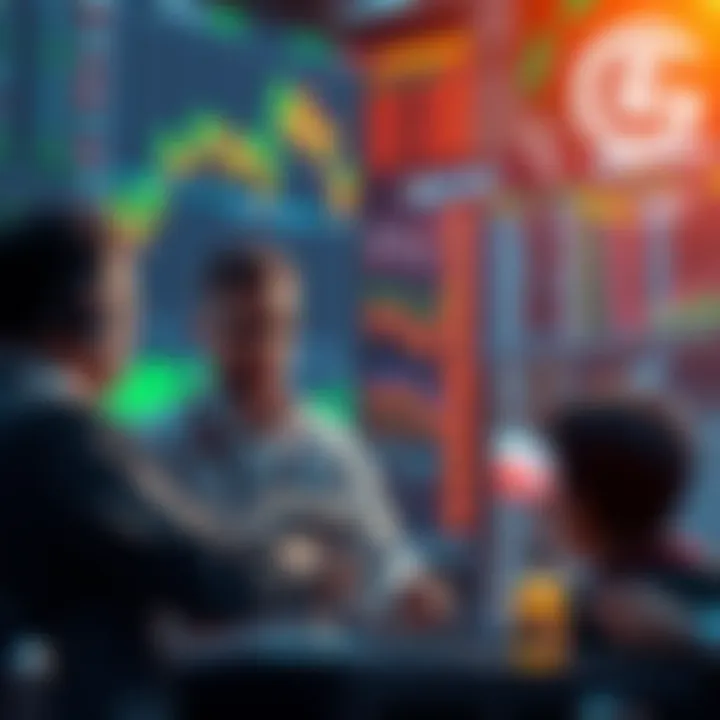Traders discussing Litecoin markets with charts and graphs in the background