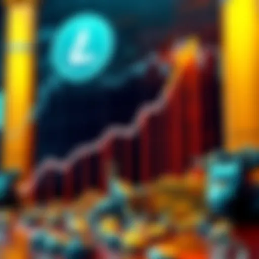 A graphical representation of Litecoin's potential growth, showing an upward trend reaching $10,000, with Litecoin symbol and gold bars in the background.