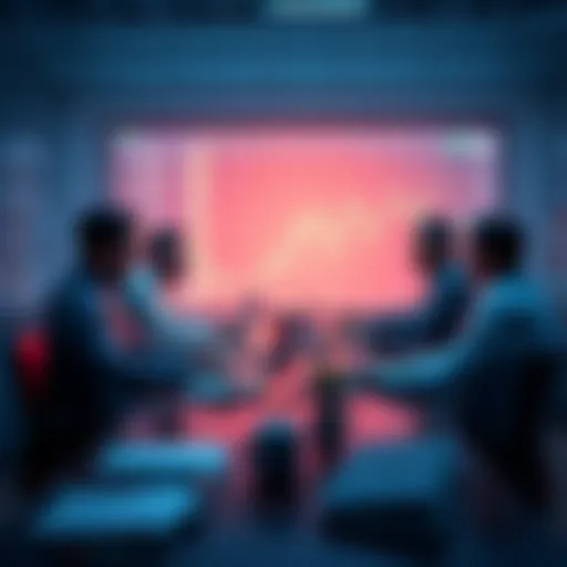 Group of people discussing Litecoin trading strategies at a table with charts and laptops