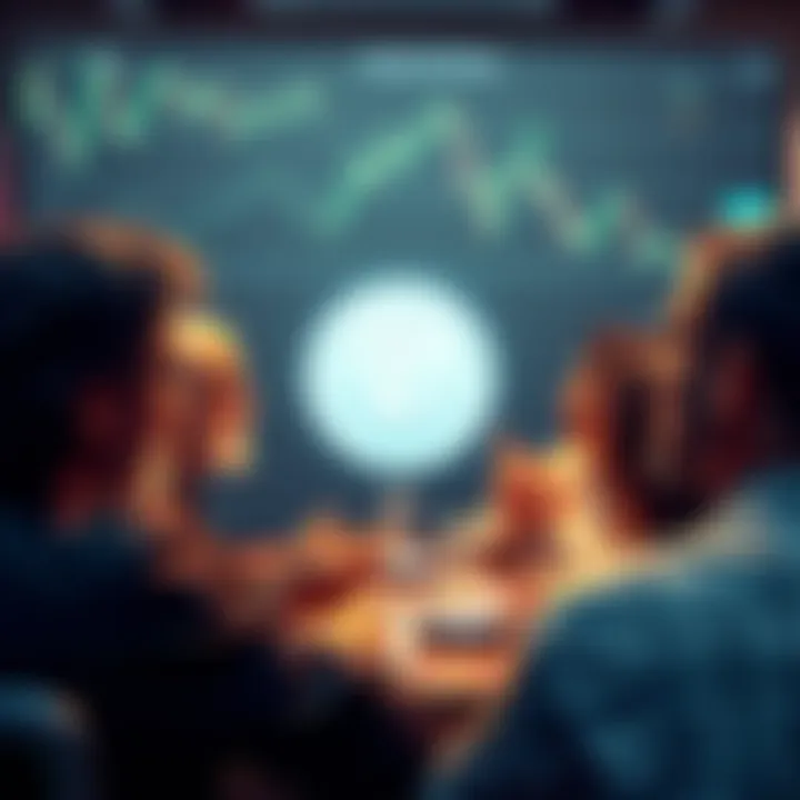 A group of people discussing Litecoin, showcasing various opinions and ideas about its future, with charts and graphs visible in the background.