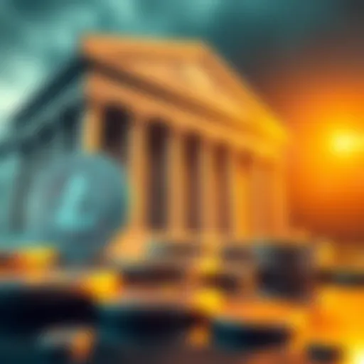 A visual showing Litecoin coins with a bank in the background, symbolizing potential growth and investment opportunities in 2027.