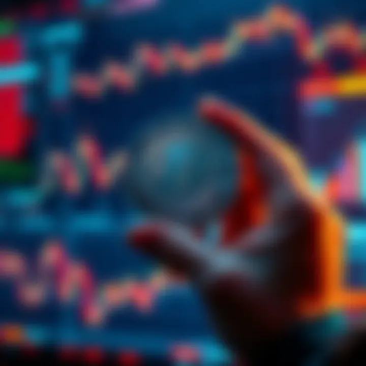 Illustration of a person holding a Litecoin coin with a digital background showing graphs and charts related to cryptocurrency.