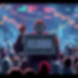 A Litecoin enthusiast holding a sign asking for the cryptocurrency to reach $1000, surrounded by charts showing price trends and a hopeful crowd