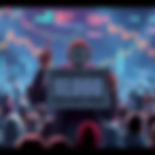 A Litecoin enthusiast holding a sign asking for the cryptocurrency to reach $1000, surrounded by charts showing price trends and a hopeful crowd
