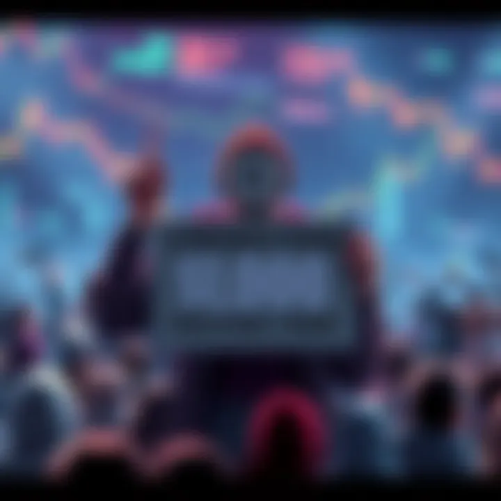 A Litecoin enthusiast holding a sign asking for the cryptocurrency to reach $1000, surrounded by charts showing price trends and a hopeful crowd