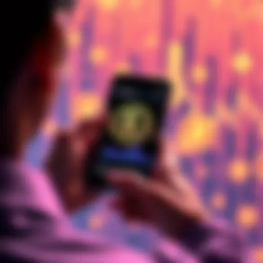 A person holding a smartphone displaying Litecoin price charts, with a backdrop of cryptocurrency symbols indicating alt season.
