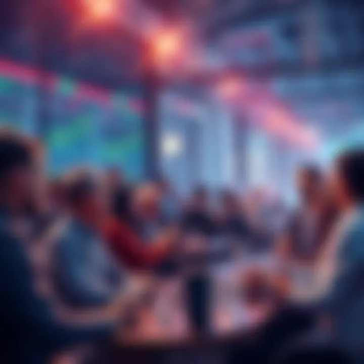 Litecoin Market Discussion People discussing Litecoin market trends and trading strategies in a lively setting