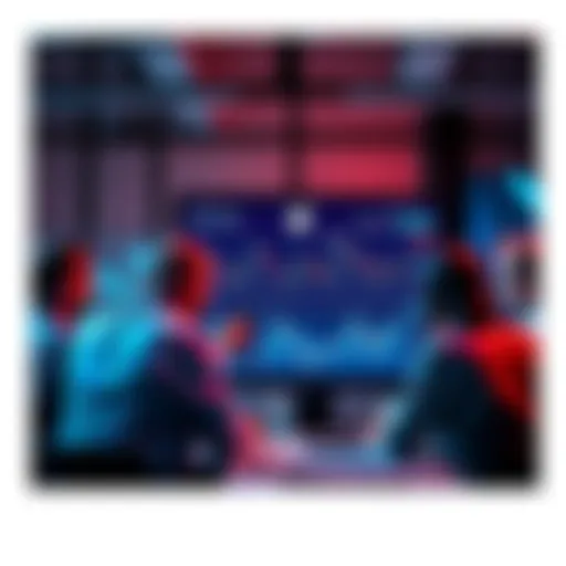 A group of people engaged in a discussion about Litecoin trading, with charts and graphs displayed on a screen.