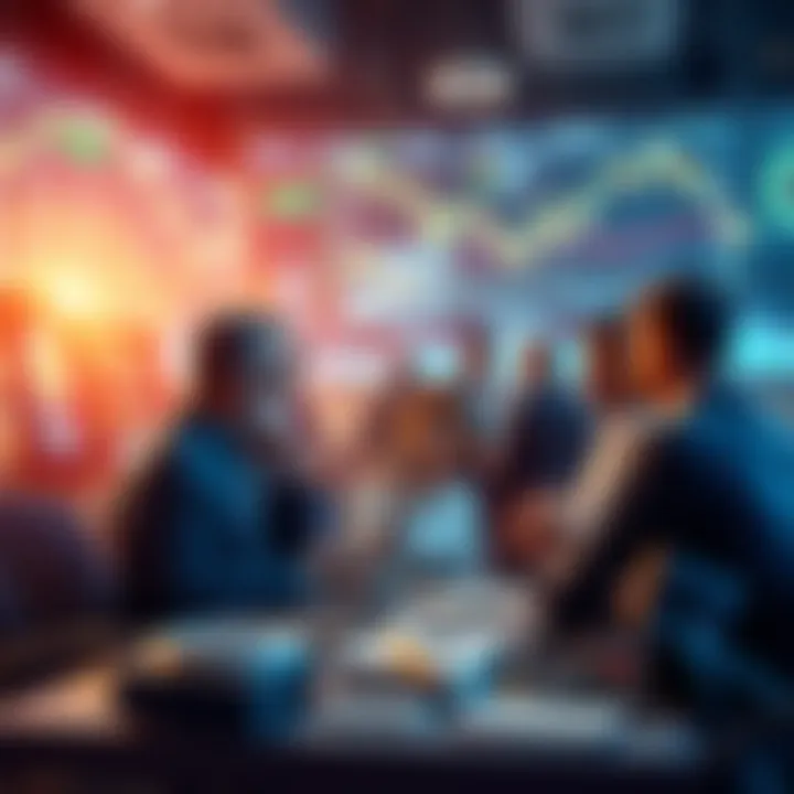 A group of people discussing trading strategies and market events for Litecoin, with charts and graphs in the background.