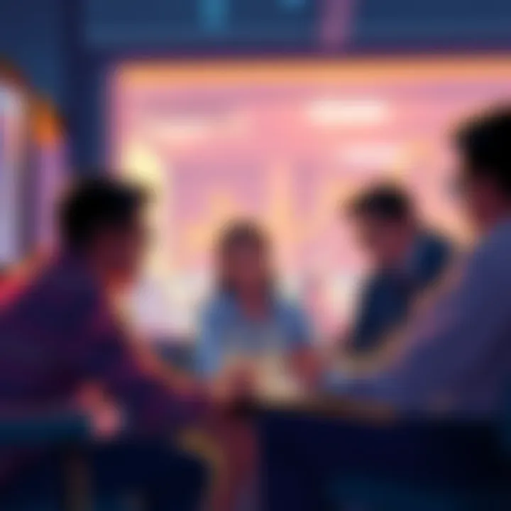 A group of people engaging in discussion about Litecoin trading strategies and market analysis in a casual setting.
