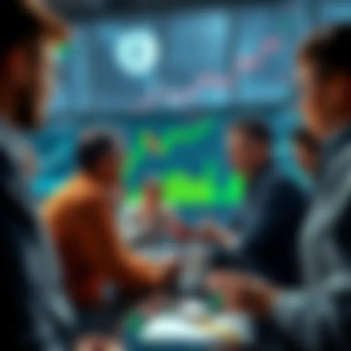 A group of people discussing trading strategies for Litecoin markets, with charts and graphs in the background.