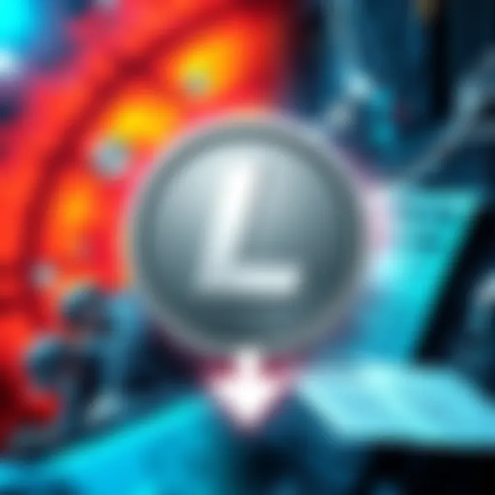 A graphic showing Litecoin symbol with downward arrow indicating falling prices and mining costs, surrounded by images of miners and electrical bills.