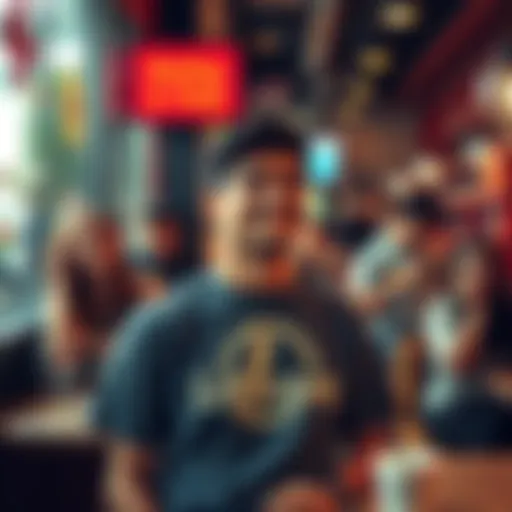A person wearing a Litecoin t-shirt smiles as their name is called at a busy coffee shop, surrounded by amused patrons.