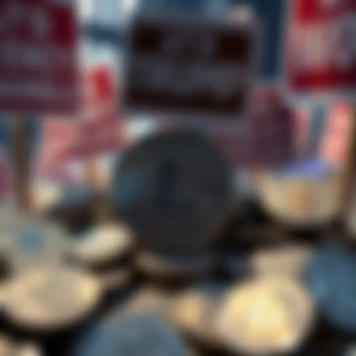 A visual representation of Litecoin coins surrounded by protest signs against monetary policy