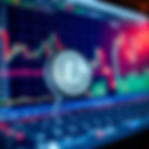 A close-up of the Litecoin symbol displayed on a computer screen with financial charts in the background.