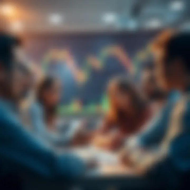 A group of people engaged in a lively discussion about Litecoin trading strategies, with charts and graphs in the background.