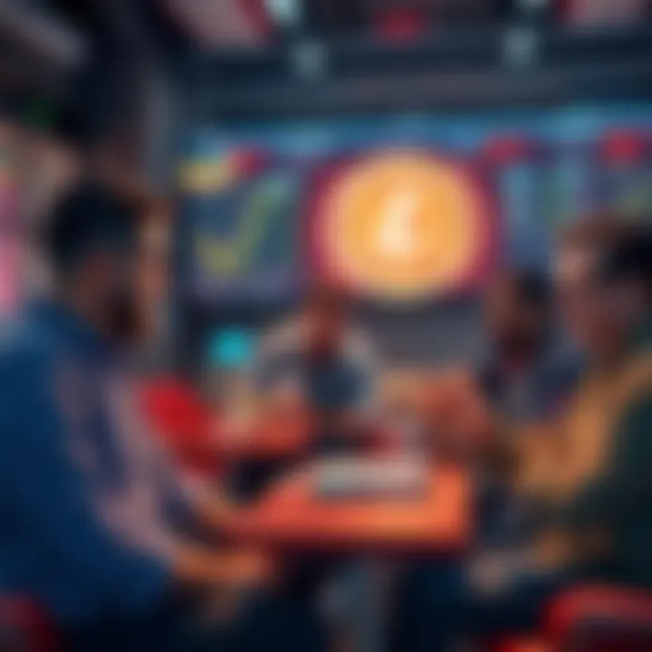 Litecoin Trading Discussion Group of people discussing trading strategies and insights about Litecoin in a casual setting