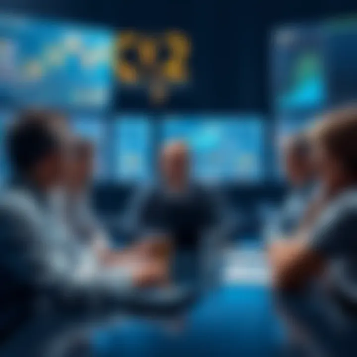 People engaging in a discussion about Litecoin market strategies, with charts and graphs displayed on screens around them.